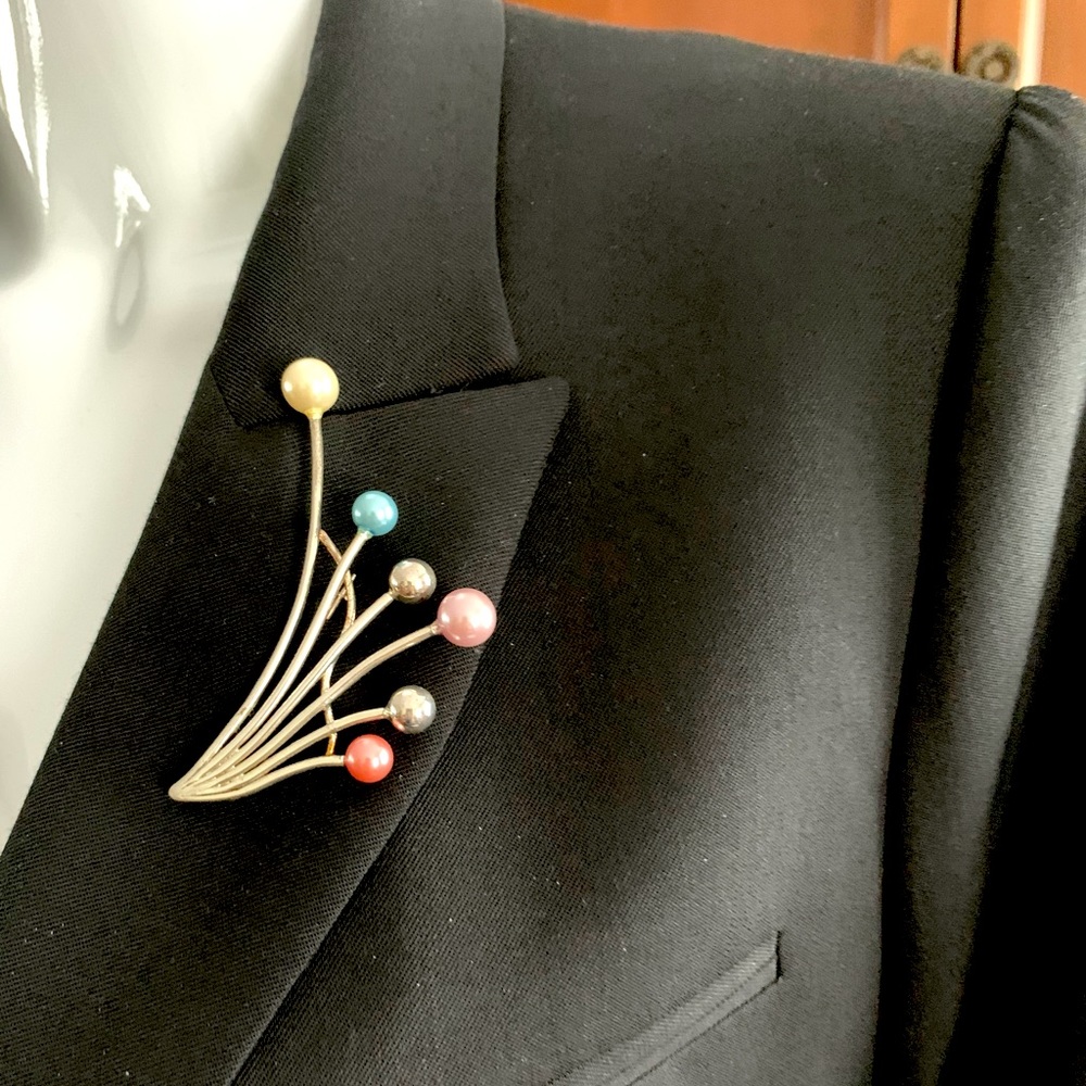 Real silver brooch pin with six colored pearl balls